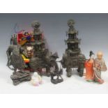 A pair of Chinese soft base metal elephant incense burners (in sections), standing figure, tea