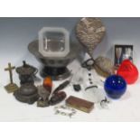 Box of mixed metal items including early Lalique glass moulded dish and murano glass