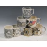 A collection of Wedgwood and other commemorative mugs, to include the 25th anniversary of Queen