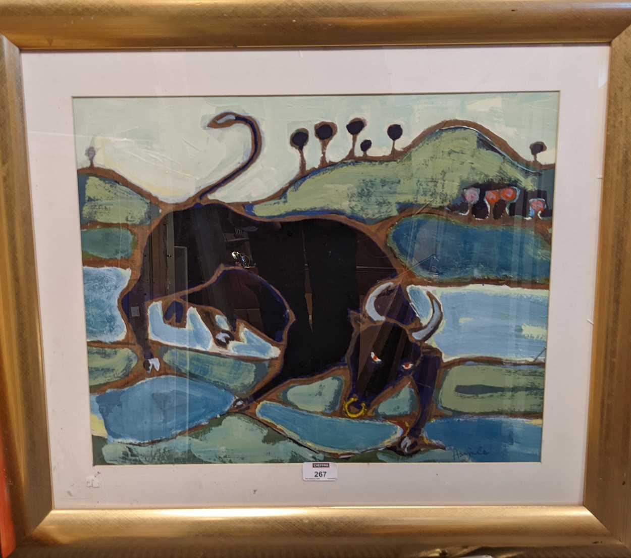 Contemporary School Bull in a landscape, indistinctly signed, gouache, 40 x 50cm