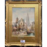 Henry Schafer, Matines; Freiburg, watercolours, two town scenes with figures, circa 1900, signed,