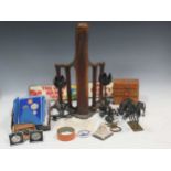 Metalware - pen rest, pair bull vessels or censers, pair candlesticks, coins, and misc, plus a