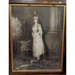 Portrait of Queen Mary, watercolour over a printed base, 68 x 60cm (93 x 75cm framed)