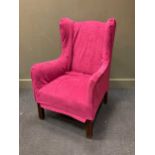 An armchair upholstered in a yellow fabric with bright fuchsia cover, 104cm high