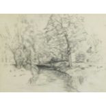 Attributed to Gwen Raverat, SWE (British, 1885-1957)A river landscapepencil27cm x 36.50cm, framed 46