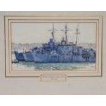 Norman Wilkinson (1878-1971), battleships at anchor, 10 x 18cm; 26.5 x 33cm framed
