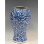 A Chinese blue and white baluster vase, lacking neck, rivetted repair, 32cm highCondition report: