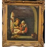 Dutch School, interior scene with a woman drinking beer and a man peeling potatoes, oil on canvas,