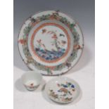 A Chinese Kangxi 'eight immortals' plate, a teabowl & saucer c1730-40 (2)Condition report: Rubbing