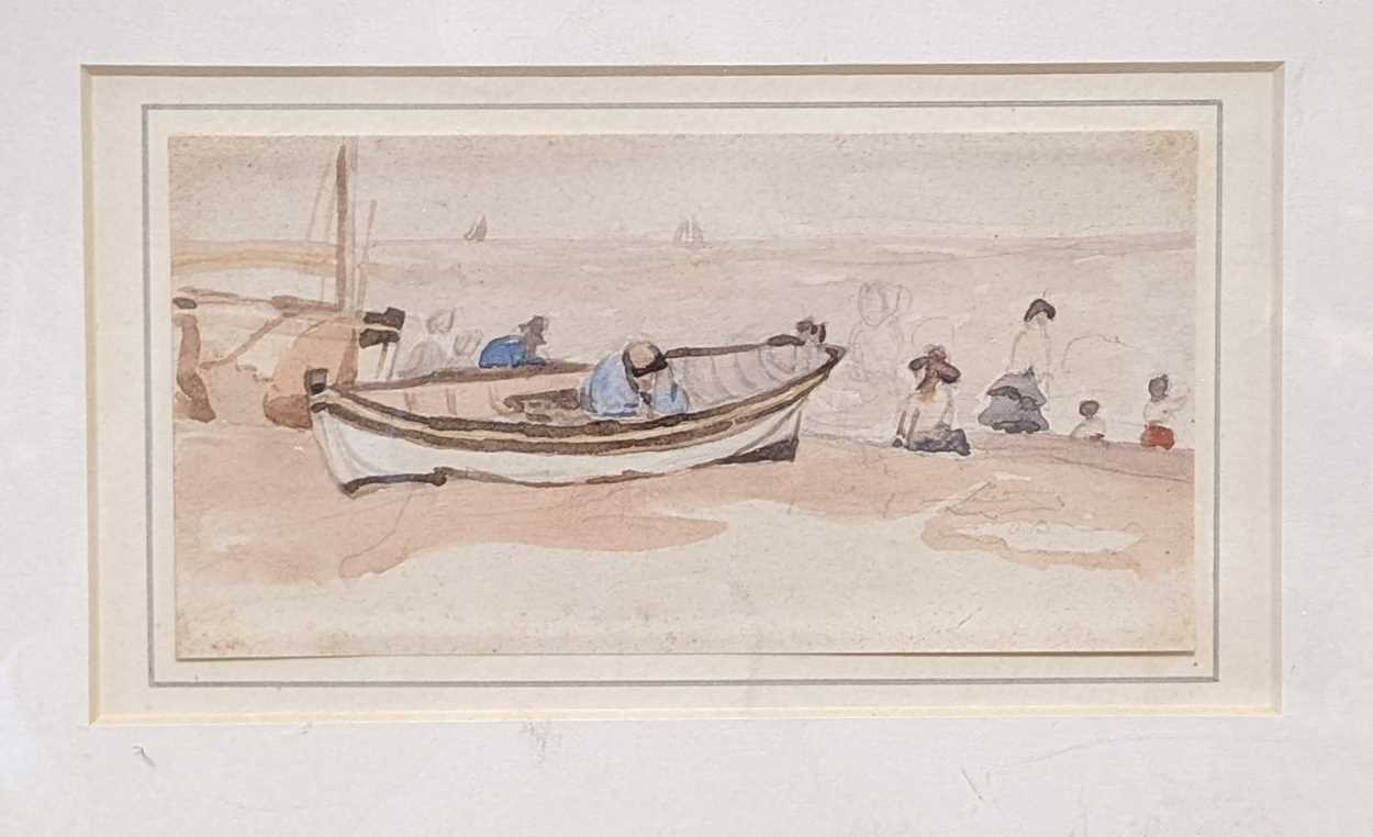 Attributed to Thomas Churchyard (1798-1865), figures at Aldeburgh beach, pencil signed verso, ex