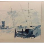 George West (British 1927-2021) Blue wash sketch of boats on a river, signed with initials 'GEW' (