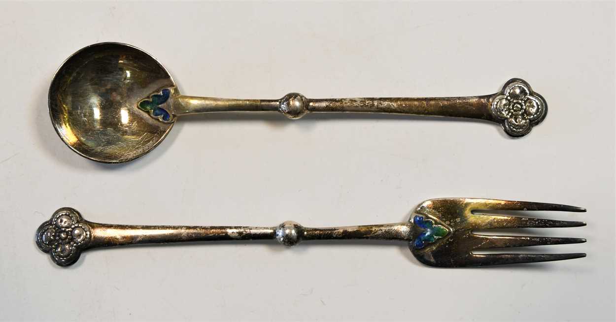 A cased silver and enamel Christening set by William Hair Haseler, possibly for Liberty & Co., - Image 3 of 6