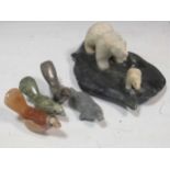 Various Inuit / Canadian stone carvings to include Arnold Donkey, alabaster carving of a polar