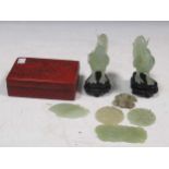 Various carved jadeite pieces to include a fish, pair of cockrels and other ware and a red lacquered