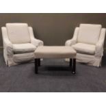 Two modern white upholstered armchairs 77 x 77 x 83cm together with a rectangular stool 43.5 x 73