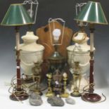 Two pairs of table lamps, a toleware style lamp, a walnut folding stand, two pairs of brass candle