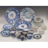 Two late 19th century 'Mess' printed blue and white plates, another, various cups, saucers and cans,