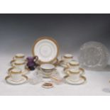 A collection of Cauldon teacups and saucers, various glass dishes and salt servers etc