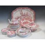 A large quantity of English pink and white transfer printed tea and dinner wares to include Wedgwood