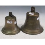 Two early 20th century bells, one engraved 'PS-GRAF-PEE 1939' largest 19cm high (2)