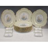 Twelve Royal Crown Derby Yachting dessert plates painted by W.E.J. Dean, each named, matidec