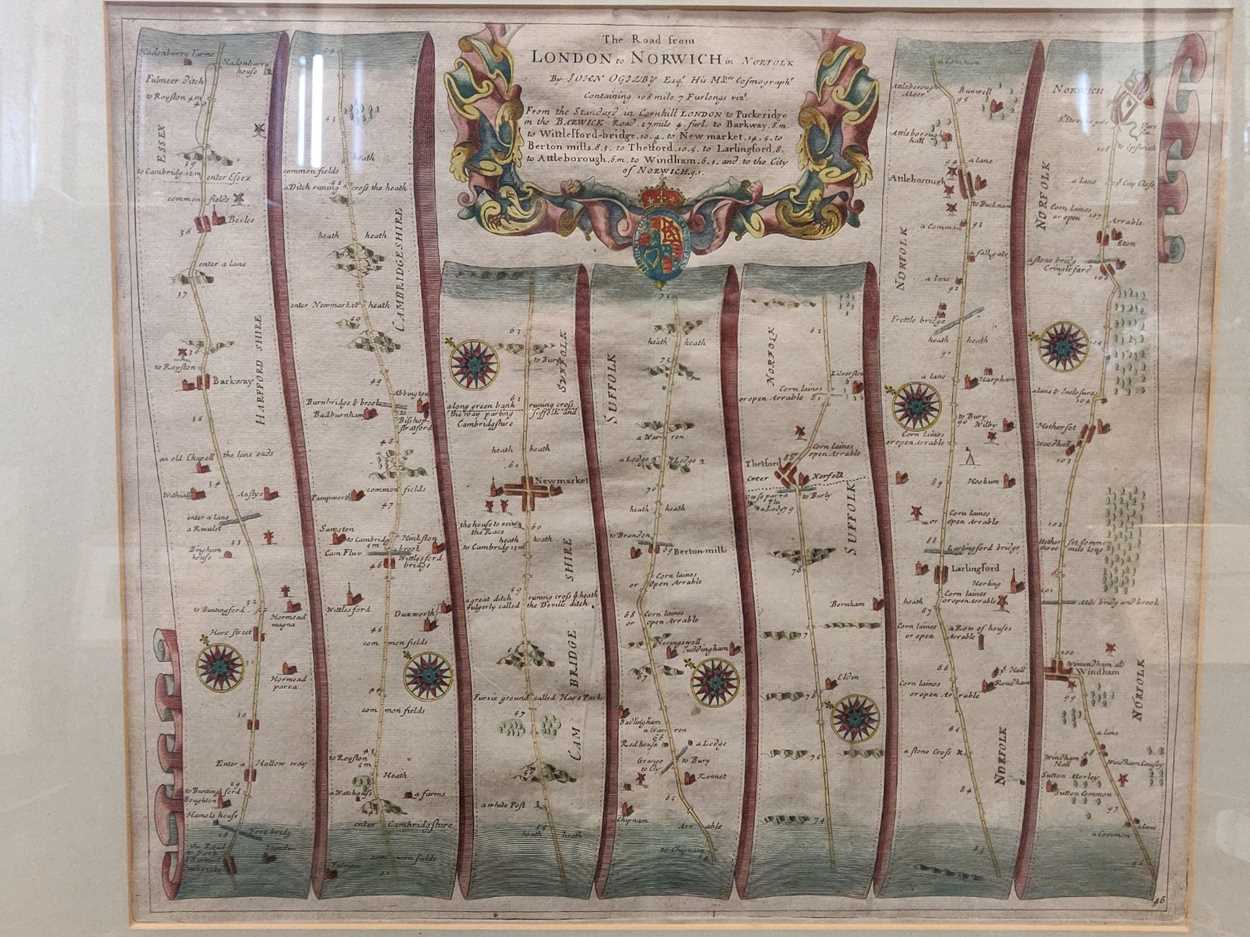 John Ogilby road map - The Road from London to Norwich, pl. 46, coloured engraving; and map of - Bild 2 aus 3