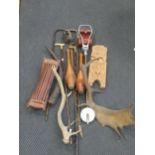 A collection of two horn handled walking sticks, together with a pair of antlers, a gazelle horn,