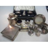 A collection of silverware including cruets, cigarette box, photograph frame etc 11.7ozt weighable
