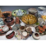A large quantity of mostly painted ceramic items, to include a Spanish lustreware dish, three