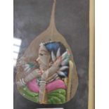 A Modern Indian painting of a woman holding a flower, painted on a leaf 15.5 x 11.5cm, together with