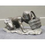 A bronze water fountain of kneeling boy drinking from a bucket 30 x 62 x 25cm