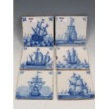 Six Delft blue and white tiles, decorated with various ships (6)