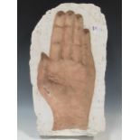 A plaster model of an impresed large hand, 63 x 35cm