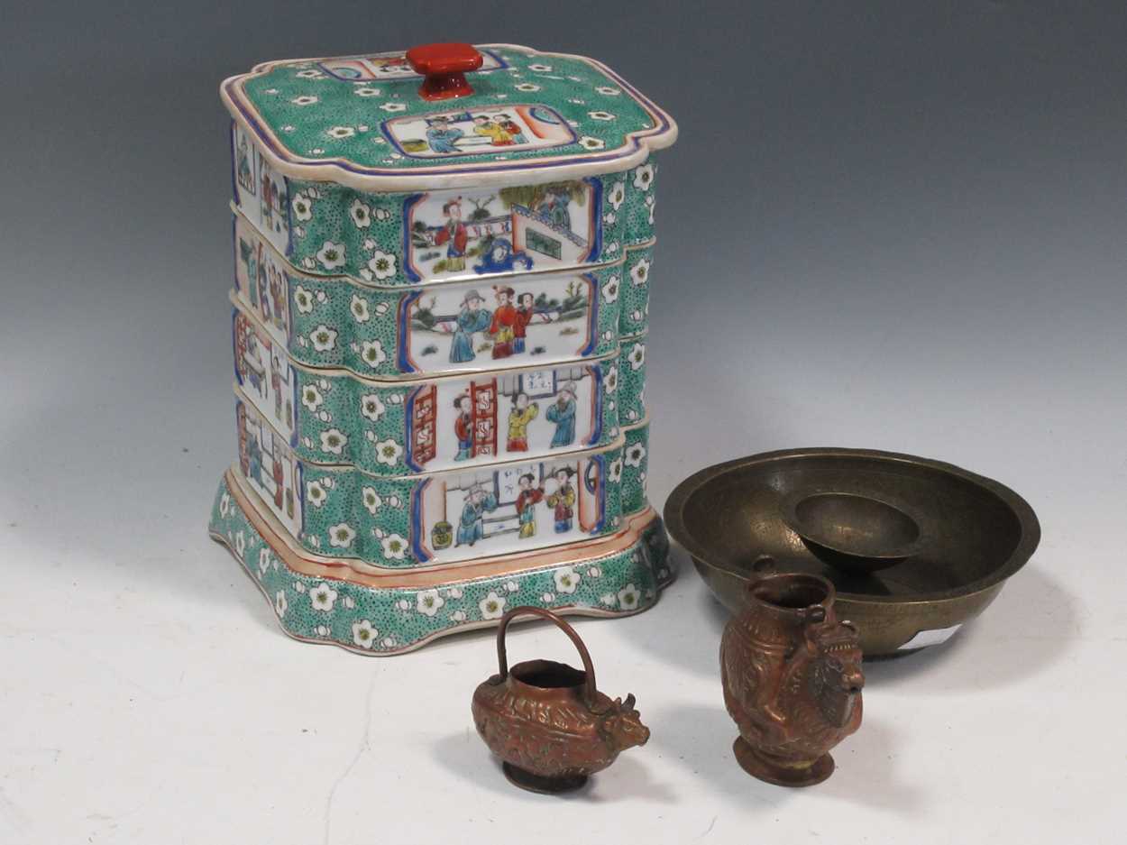 A Chinese porcelain stacking bowls and various items of metalware