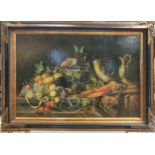 I. Barrow (Modern British) Still life with a lobster, fruit, a shell on a marble ledgesigned lower