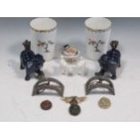 A pair of paste shoe buckles, three classical intaglio brooches, a pair of Tuscan china beackers,