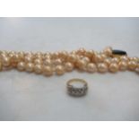 A diamond set dress ring tested as 18ct gold, weight 3.8g, together with an imitation pearl necklace