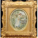 Four Regency silkwork pictures each with single female figural subjects, painted features,largest 39