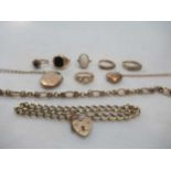 an oval locket and chain, a heart locket and chain, a curb bracelet, a fancy link bracelet, and
