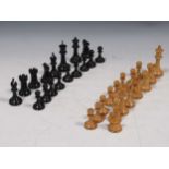A 20th century Staunton type chess set of boxwood and ebony with weighted bases, King approx 9cm