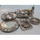 A collection of assorted silver items including armada dish, tea strainer, pepperette etc, 12.5ozt