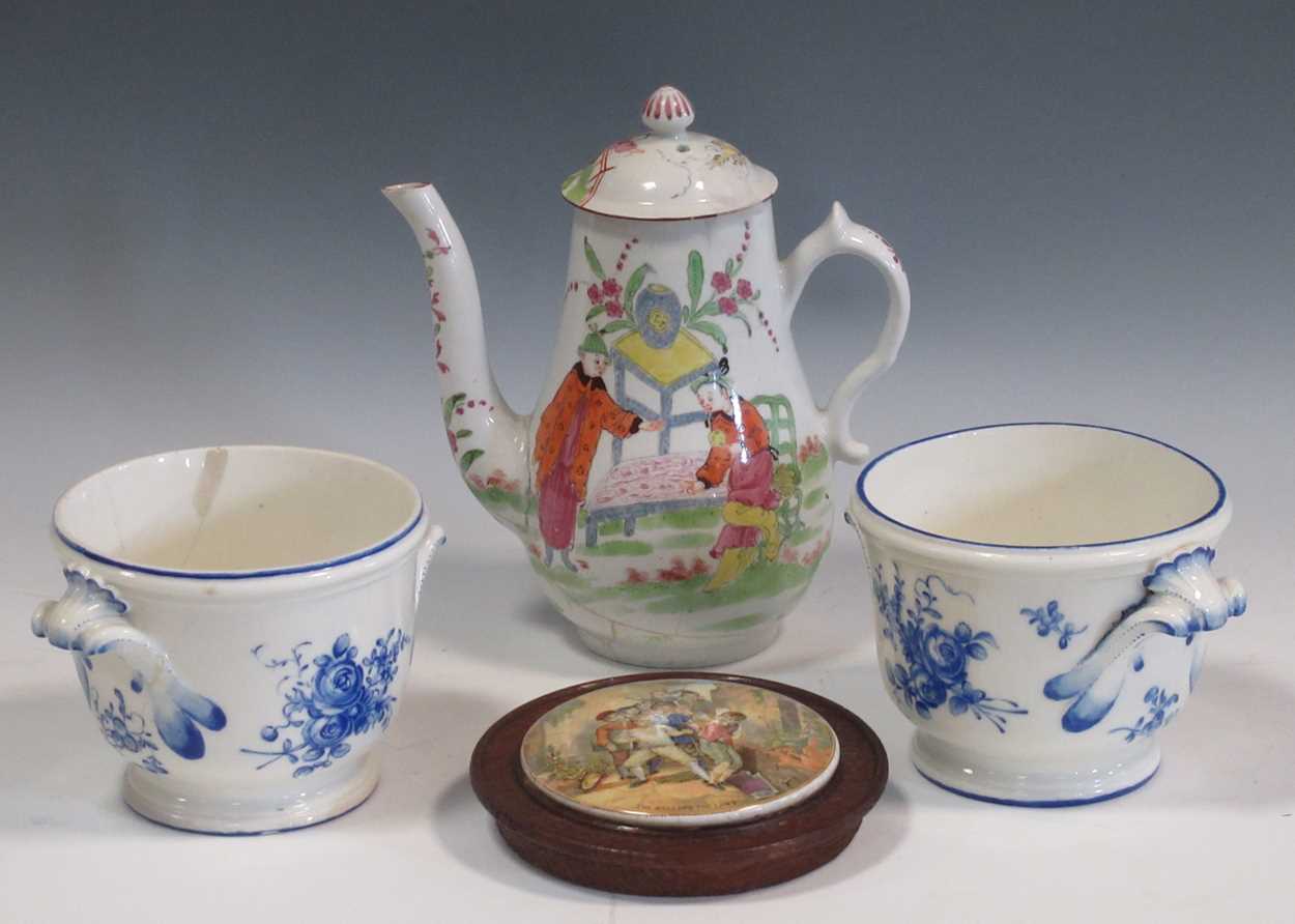 An 18th century pearlware coffee pot and cover, polychrome decorated with Chinoiserie figures in a