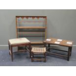 A rectangular occasional table inset with four Delft tiles together with a 19th century pine plate