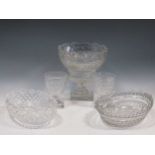 A pair of Georgian style cut glass vessels on a square foot, a 19th century cut glass stem bowl, a