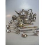 A small silver flower-decorated box and cover, a plated engraved circular teapot, 9 various silver