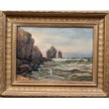 G Bates, seascape with cliffs and gulls, signed, oil on canvas, 23 x 32cm