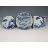 3 Chinese porcelain blue and white tiles