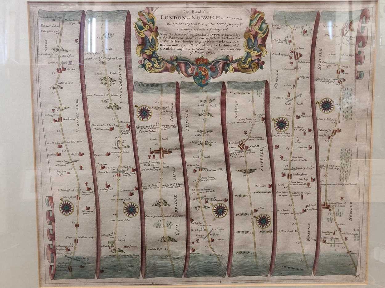 John Ogilby road map - The Road from London to Norwich, pl. 46, coloured engraving; and map of