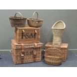 Three Fortnum & Mason picnic trunks together with three single handled carrying baskets and a childs