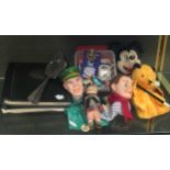 A Dan Dare glove puppet, a tin badge, other glove puppets, a collection of retro/vintage and